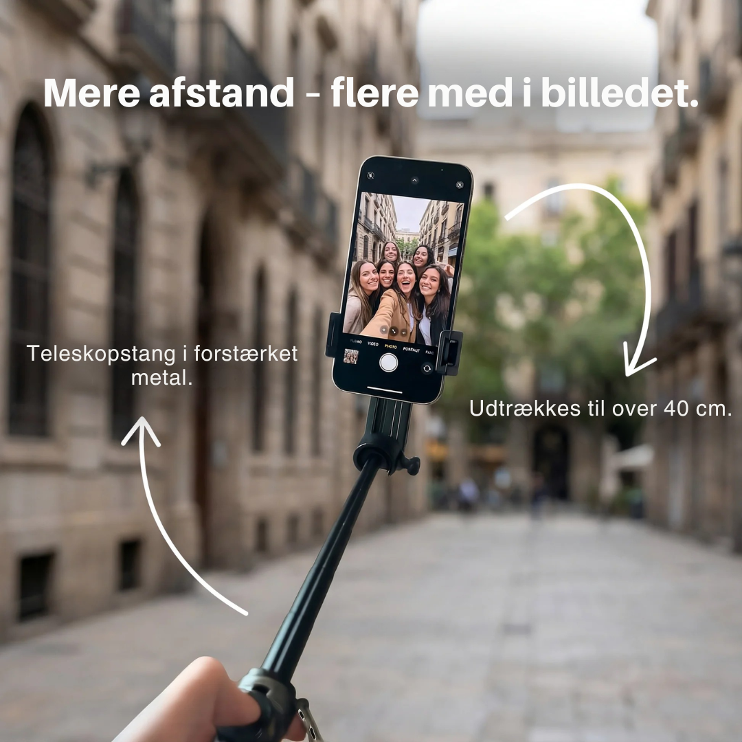 GripStand™ | 3-i-1 selfiestick, stativ og Bluetooth-fjernbetjening