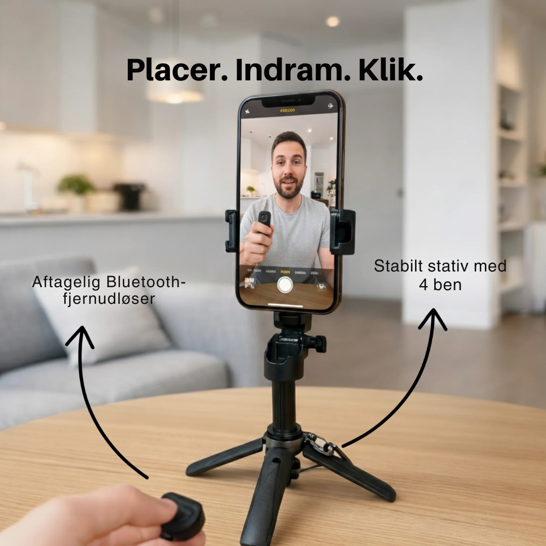GripStand™ | 3-i-1 selfiestick, stativ og Bluetooth-fjernbetjening