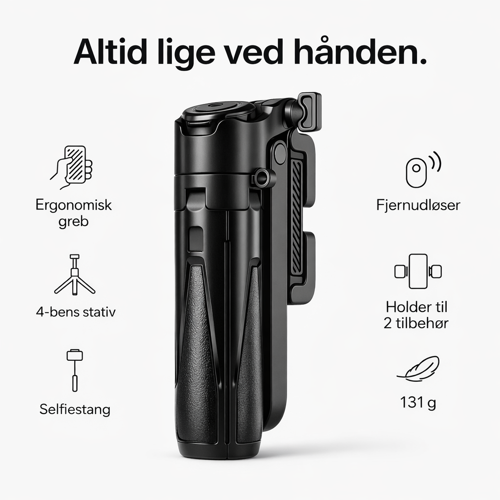 GripStand™ | 3-i-1 selfiestick, stativ og Bluetooth-fjernbetjening